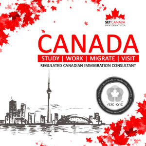 Regulated Canadian Immigration Consultant" on a red maple leaf and city skyline silhouette.