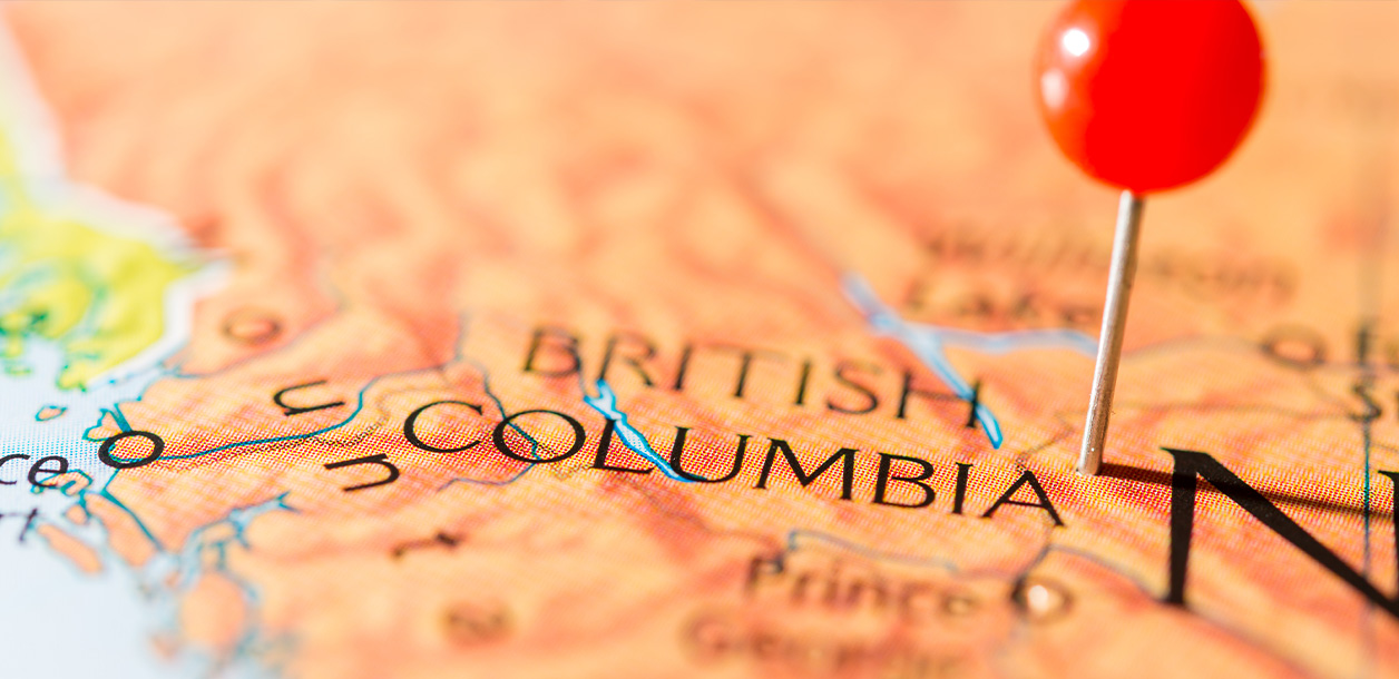 A red pushpin marks a location on a map of British Columbia, Canada
