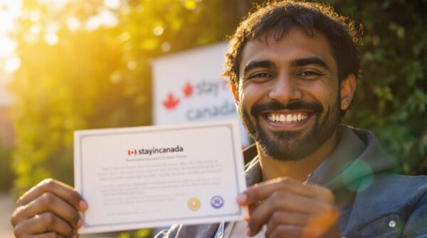 man holding stayincanada letter