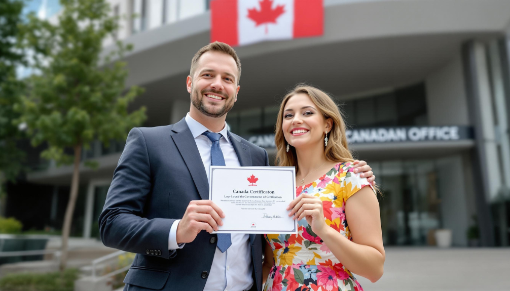 newly-immigrated-woman-holding-canadian-certificate-standing-outside-government-office